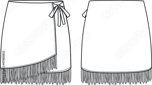 Vector mini skirt fashion CAD, woman fringe detailed skirt technical drawing, wrap skirt sketch, template