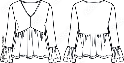 Vector woman blouse technical drawing, v neck long sleeved top fashion CAD, template, sketch