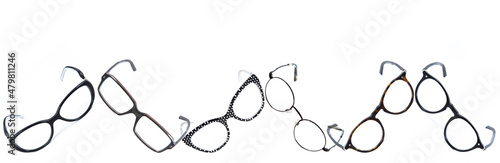 collage of eyeglass frames on a white background. Glasses on a white background, collage