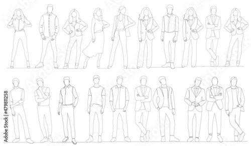 people set drawing by one continuous line, isolated, vector