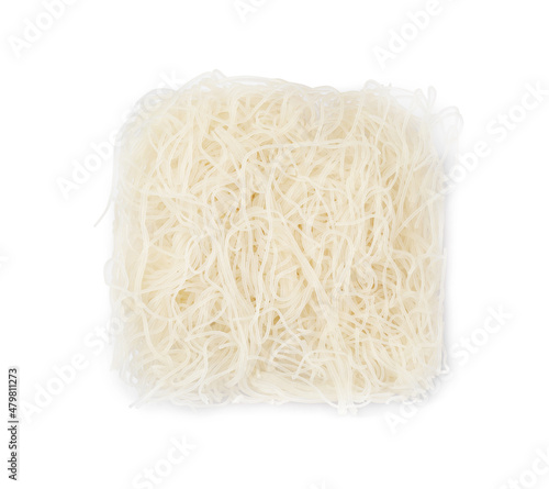 Brick of dried rice noodles isolated on white, top view