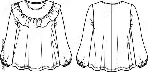 Vector round neck blouse technical drawing, woman a shaped top with flounced tier detail sketch, fashion CAD, template