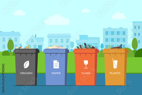 Trash sorting containers in town park. Paper, glass, plastic and organic garbage colourful bins for recycling on city street. Rubbish dustbin set. Waste utilization and ecology save vector eps concept