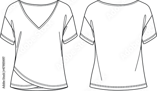 Vector short sleeved T-Shirt with side gathering fashion CAD, woman round neck T-Shirt technical drawing, sketch, template, flat, mock-up. Jersey or woven fabric top with front, back view, white color