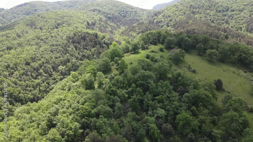 Aerial scene with drone of the spring landscape in La Garrotxa, Girona, Spain. 4K UHD Aerial scene with drone of the spring landscape in La Garrotxa, Girona, Spain. 4K UHD