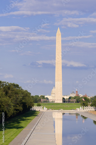 Title: Washington DC monuments including the Capitol and Washington Monument as seen between columns of Lincoln Memorial