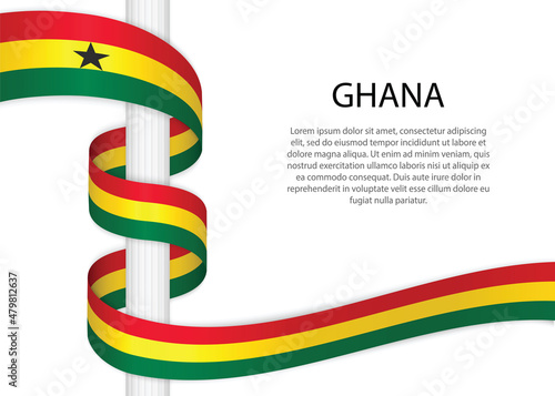 Waving ribbon on pole with flag of Ghana. Template for independence day