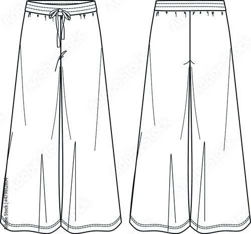 Vector yoga pants technical drawing, woman wide-leg sweatpants fashion CAD, template, sketch, flat. Jersey or woven fabric trousers with front, back view, white color. Palazzo trousers drawing