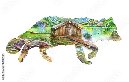 Wallpaper Mural Watercolor hand-painted realistic wolf silhouette with the lake landscape inside illustration isolated on white background Torontodigital.ca