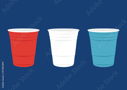 Party cup isolated on red background, vector illustration. Red, White and Blue beer cup vector. Beer pong.