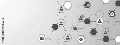Halftone background technology. Communication grid design with digital communication and people icons. The banner texture consists of polygons, cells, and a mobile network. Honeycombs. Vector