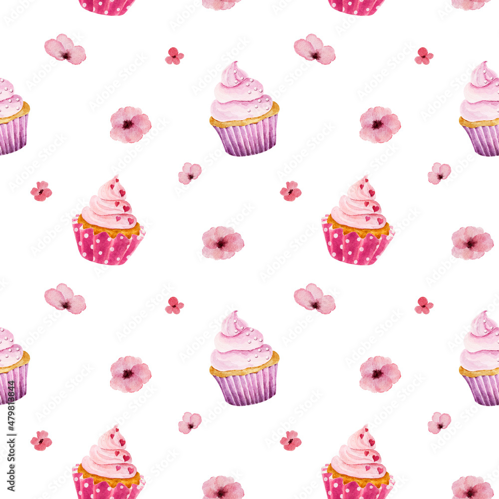 Watercolor seamless pattern with cupcakes and flowers isolated on white background. Valentine's Day concept. Watercolor seamless pattern with cupcakes and flowers isolated on white background. Valentine's Day concept.