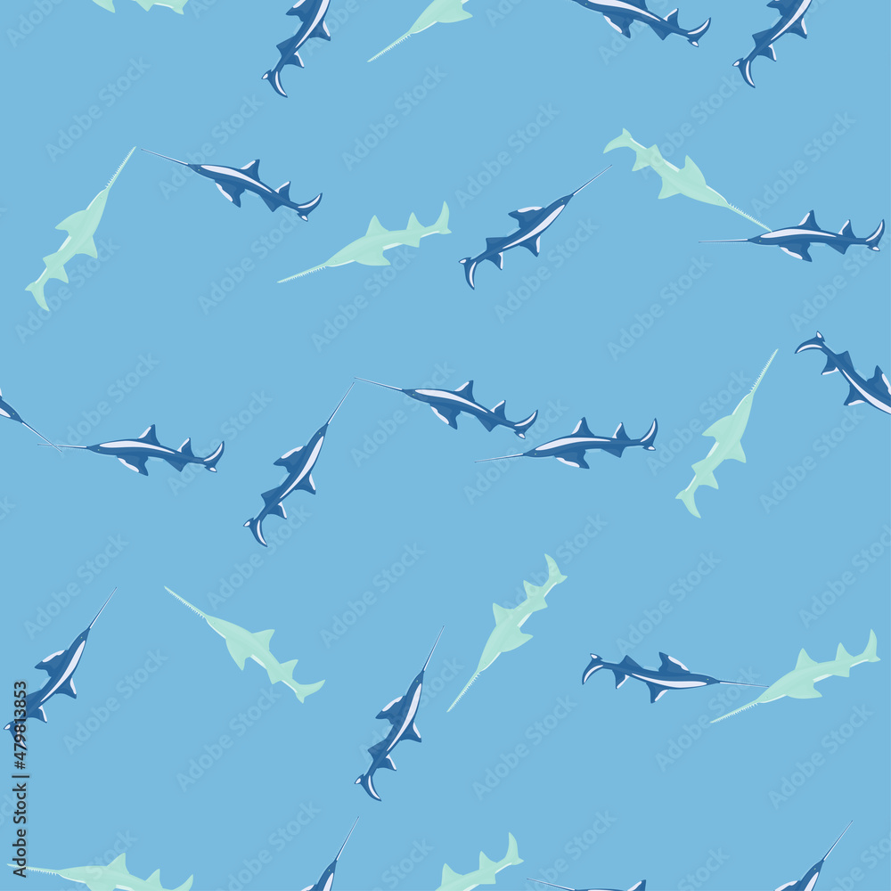 Fototapeta premium Saw shark seamless pattern in scandinavian style. Marine animals background. Vector illustration for children funny textile.