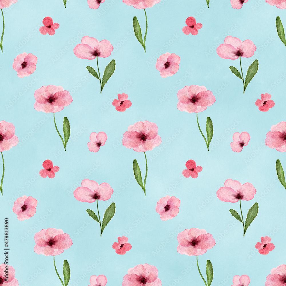 Seamless pattern with watercolor wild small pink flowers on turquoise background.