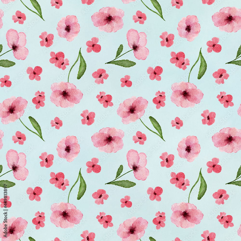 Seamless pattern with watercolor wild small pink flowers on turquoise background. Seamless pattern with watercolor wild small pink flowers on turquoise background.