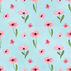Fototapete Kleine Blumenmuster Aquarell Wildblümchen auf Türkis  © Nataliia Pyzhova