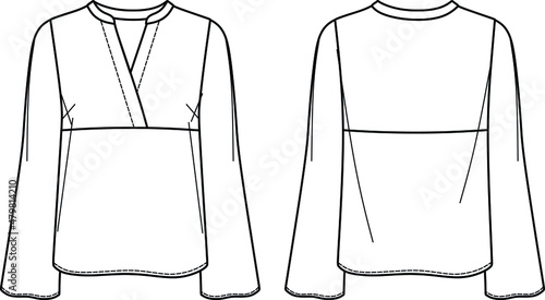 Vector long sleeved shirt fashion CAD, woman v neck blouse technical drawing, template, flat, sketch