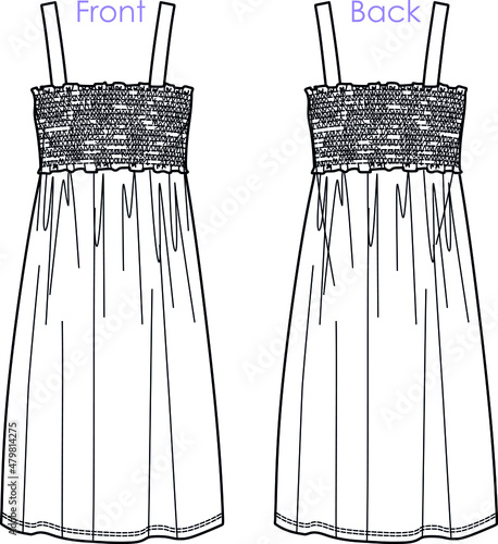 Vector summer smocked dress fashion CAD, woman midi frill-trimmed front and back with shoulder straps technical drawing, template, flat, sketch