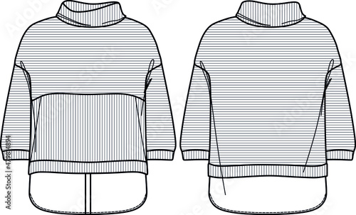 Vector woman sweatshirt fashion CAD, long sleeved turtle neck sweatshirt technical drawing, template, sketch, flat. Jersey or woven fabric blouse with front, back view, white color