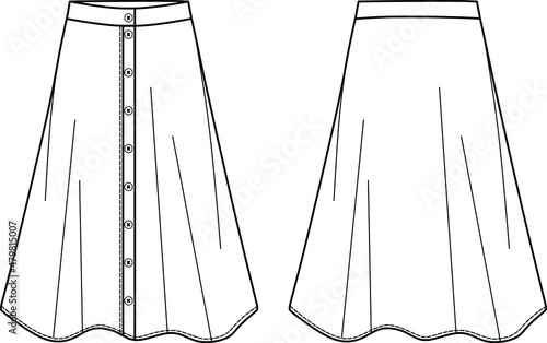 Vector midi skirt fashion CAD, woman a shape skirt with buttons technical drawing, template, sketch, flat