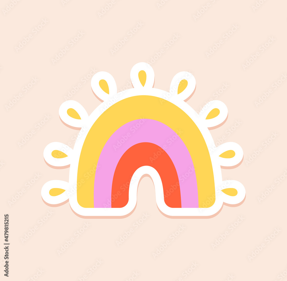 Diary sticker concept. Colorful icon with cute rainbow and white thin frame. Design element for social networks and printing on paper. Cartoon flat vector illustration isolated on pink background Diary sticker concept. Colorful icon with cute rainbow and white thin frame. Design element for social networks and printing on paper. Cartoon flat vector illustration isolated on pink background