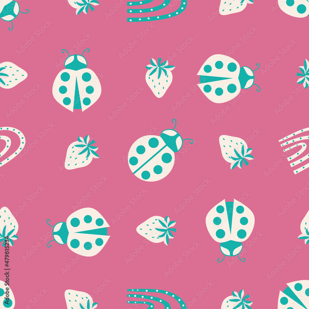 Cute ladybird, dotted rainbow, strawberry seamless vector pattern background. Teal cream whiteLadybugs with strawberries and rainbows on pink backdrop. Fun design for kids. Happy repeat for summer. Cute ladybird, dotted rainbow, strawberry seamless vector pattern background. Teal cream whiteLadybugs with strawberries and rainbows on pink backdrop. Fun design for kids. Happy repeat for summer.