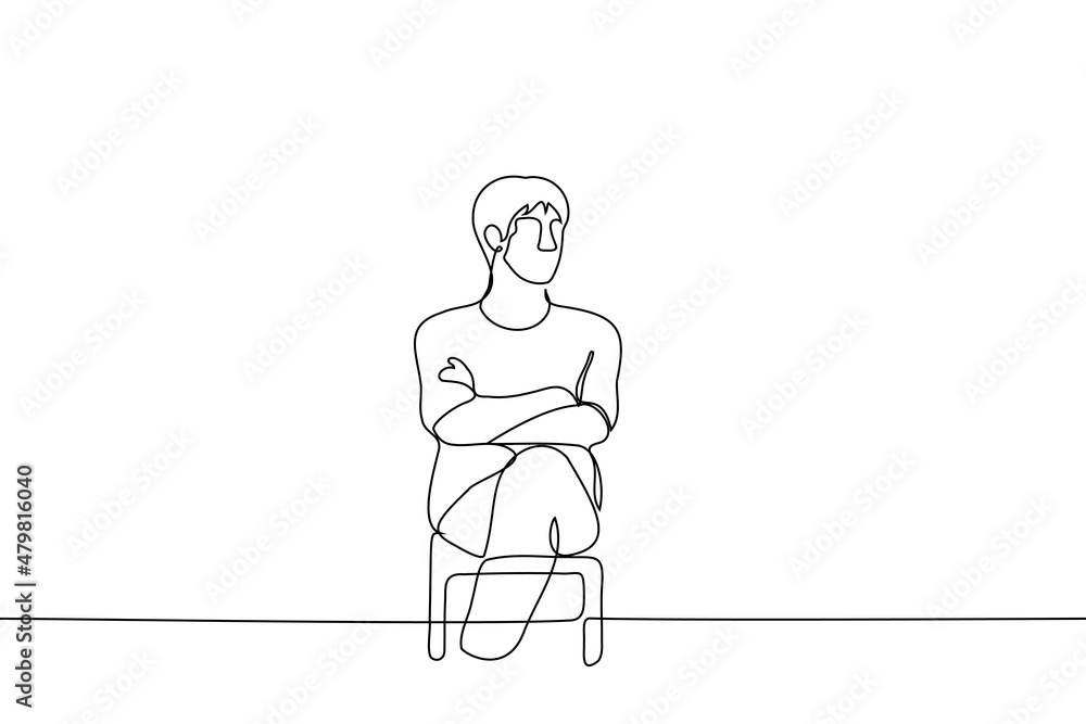 man sits with his legs and arms crossed and looks somewhere - one line drawing vector. closed pose concept, non-contact person, waiting, viewer or listener