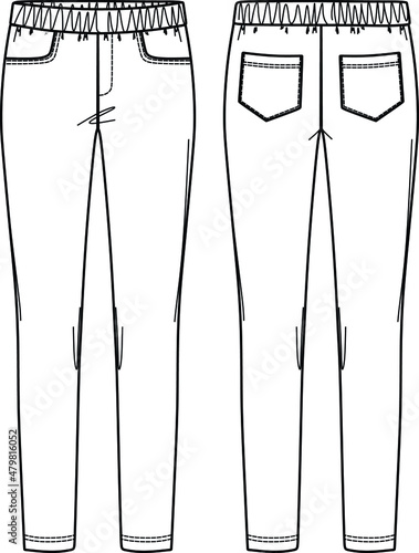 Vector trousers with pockets fashion CAD, woman tailored trousers technical drawing, template, flat, sketch