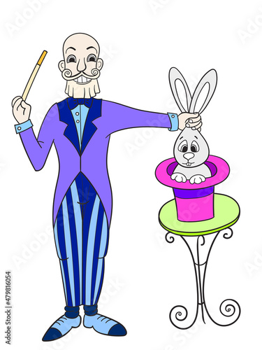 Magician pulls rabbit out of hat. Isolated character, color.