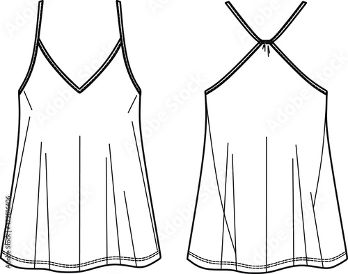 Camisole technical fashion illustration with flattering V-neck, straps, relaxed fit, tunic length. Flat outwear tank apparel template front, back, white color. Women top CAD, template, sketch, mockup