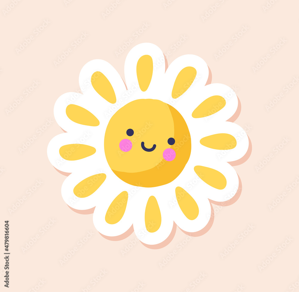Diary sticker concept. Decoration with cute smiling yellow sun, rays and white frame. Design element for printing on fabric or paper. Cartoon flat vector illustration isolated on pink background