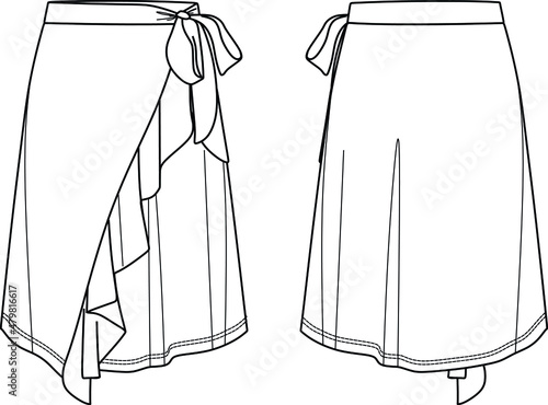 Vector midi skirt with volant detail fashion CAD, woman jersey or woven fabric  skirt with bow technical drawing, flat, sketch, mock up. Front back view, white color