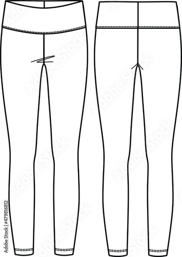 Vector sport leggings fashion CAD, woman lounge or yoga leggings with high waist technical drawing, legging fashion flat with print detail, sketch, template.Leggings with front, back view, white color