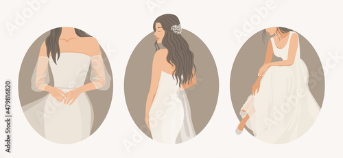 Set of abstract beautiful women in delicate wedding dresses. Decorative ornament for decoration. Wedding salon concept. Vector simple illustration