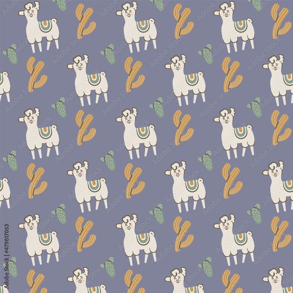 Cute lama with cactuses seamless pattern. illustration of a baby and children. Child drawing style alpaca. Design for fabric, wallpaper, textiles and decor. Cute lama with cactuses seamless pattern. illustration of a baby and children. Child drawing style alpaca. Design for fabric, wallpaper, textiles and decor.