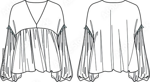 Vector long sleeved blouse fashion CAD, woman v neck dropped shoulders top with lace detail technical drawing, template, flat, sketch. Jersey or woven fabric blouse with front, back view, white color
