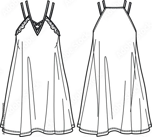 Vector short flared dress fashion CAD, woman a shape dress with frills technical drawing, dress with thin shoulder straps template, flat, sketch. Jersey or woven fabric dress with front, back vie