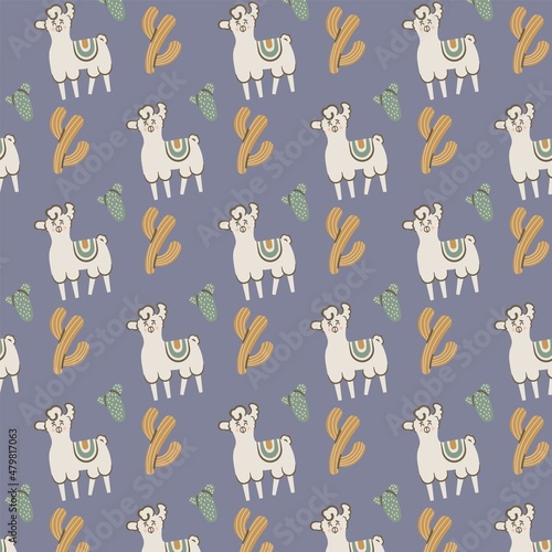 Cute lama with cactuses seamless pattern. illustration of a baby and children. Child drawing style alpaca. Design for fabric, wallpaper, textiles and decor.