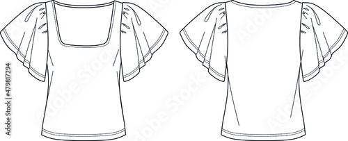 Vector bell short sleeved t shirt fashion CAD, trendy woman square neck top technical drawing, fashionable blouse template, flat, sketch. Jersey or woven fabric blouse with front, back view, white