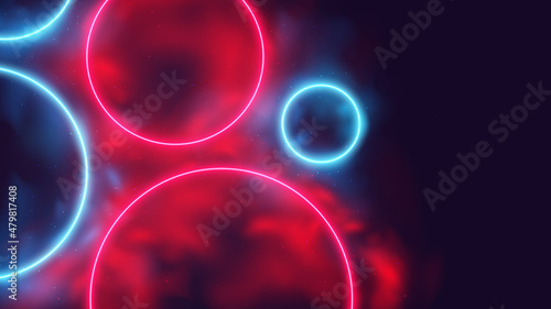Glowing colored round frames, circular red and blue neon rays in smoke, cyber background with copy space, cyberpunk futuristic vector illustration