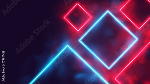 Glowing colored square frames, red and blue neon rays in smoke, cyber background with copy space, cyberpunk futuristic vector illustration