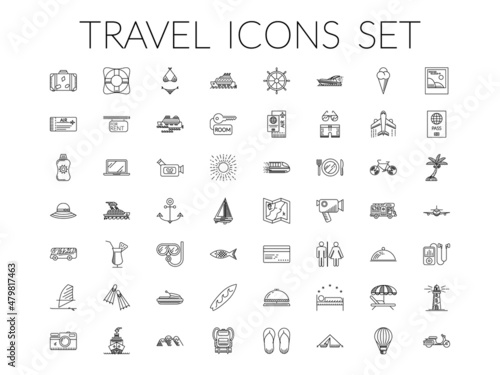 Travel icons set. Summer holidays, vacation and travel objects. Modern infographic logo pictogram collection concept. Line style