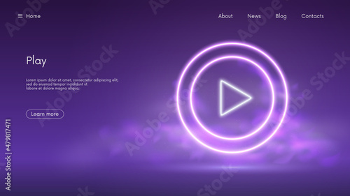 Glowing play button sign, start video mark in circle, live streaming media, futuristic technology with violet neon glow in the smoke, vector business background photo