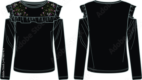 Vector long sleeved sweatshirt fashion CAD, woman round neck top with frill and embroidery details technical drawing, template, flat, sketch. Jersey sweatshirt with front, back view, white color