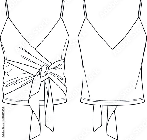 Fotografie, Obraz Women camisole with bow detail technical fashion illustration with flattering V-neck, straps, relaxed fit