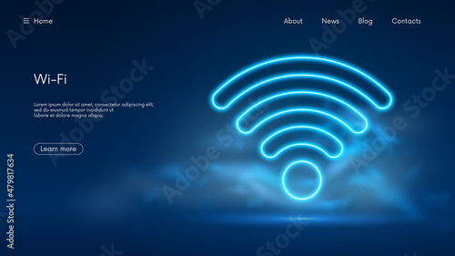 Wi Fi symbol, wireless networking digital hi tech innovation concept, free internet zone and hotspot, futuristic technology with blue neon glow in the smoke, vector business background photo