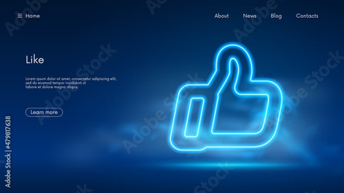 Thumb up icon, hand big finger, like or ok symbol for social networks, futuristic technology with blue neon glow in the smoke, vector business background