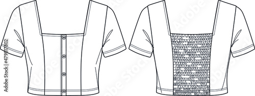 Vector short sleeved t shirt fashion CAD, trendy woman square neck crop top technical drawing, fashionable blouse template, flat, sketch. Jersey or woven fabric blouse with front, back view, white col