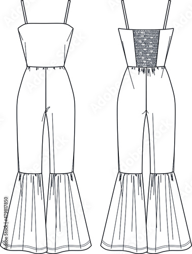 Vector woman strapless jumpsuit technical drawing, sleeveless jersey jumpsuit with smock detail fashion CAD, flared legs jumpsuit template, flat, sketch. Jersey or woven fabric jumpsuit, white color photo
