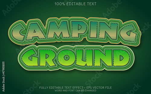 A bold and playful 3D text effect spelling out 'CAMPING GROUND' in a vibrant green and yellow color palette. The cartoonish style and outlined letters create a fun and adventurous atmosphere,